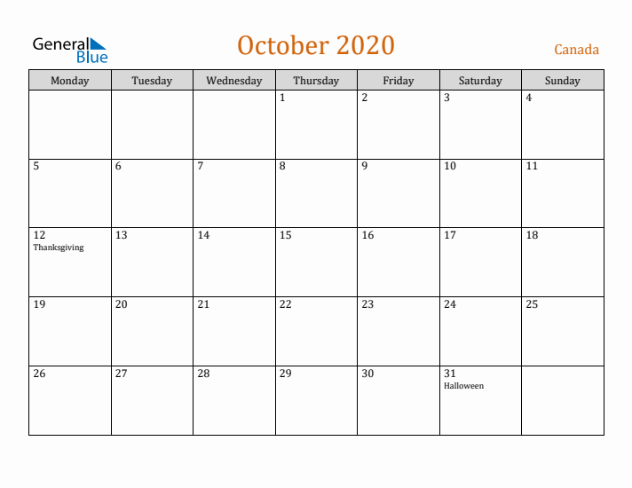 October 2020 Holiday Calendar with Monday Start