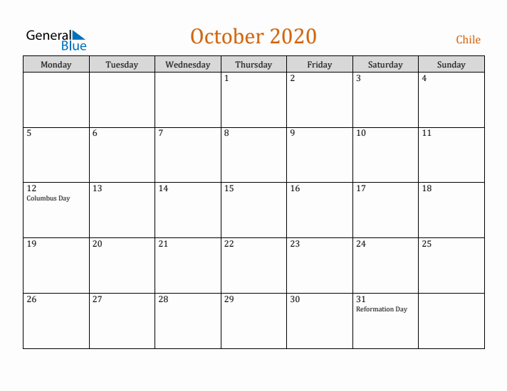 October 2020 Holiday Calendar with Monday Start