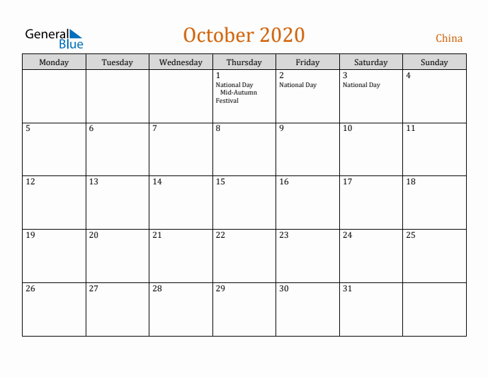 October 2020 Holiday Calendar with Monday Start