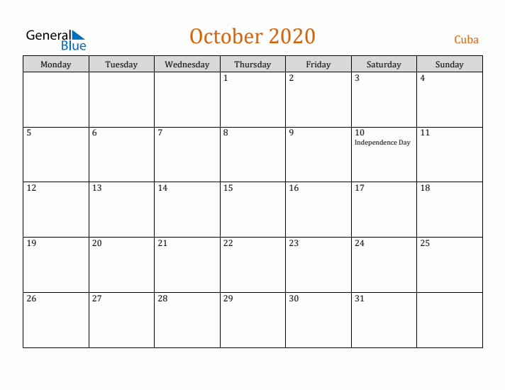 October 2020 Holiday Calendar with Monday Start