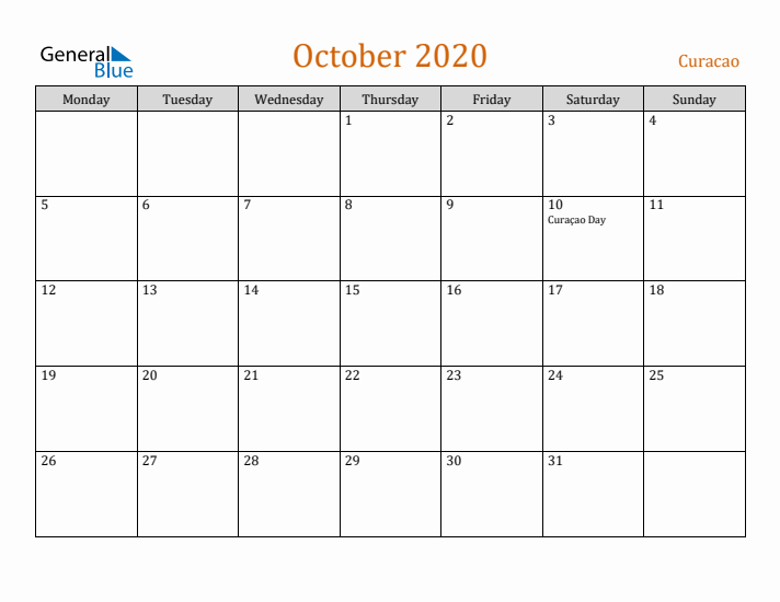 October 2020 Holiday Calendar with Monday Start