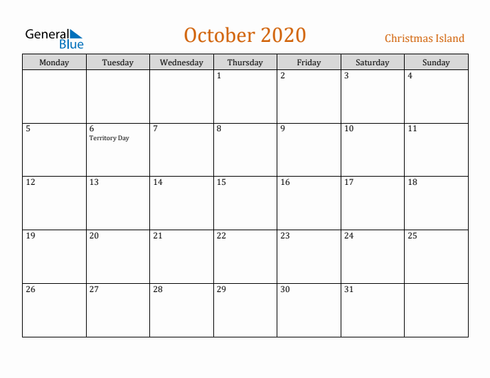 October 2020 Holiday Calendar with Monday Start