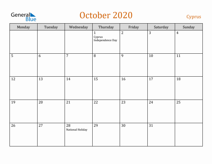 October 2020 Holiday Calendar with Monday Start