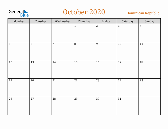 October 2020 Holiday Calendar with Monday Start