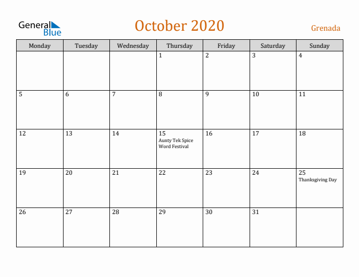 October 2020 Holiday Calendar with Monday Start