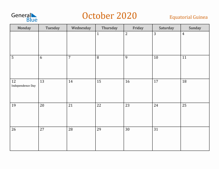 October 2020 Holiday Calendar with Monday Start