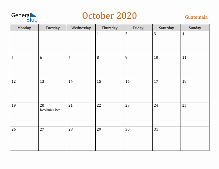 October 2020 Holiday Calendar with Monday Start