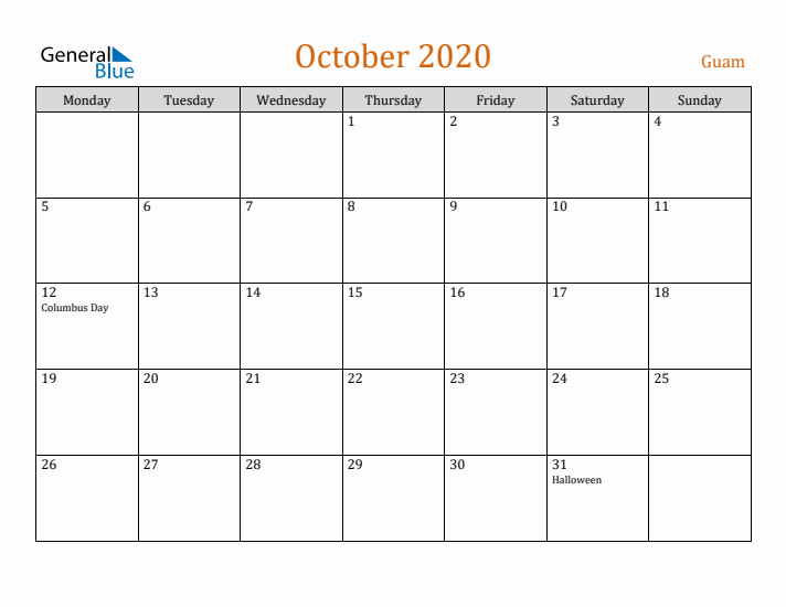 October 2020 Holiday Calendar with Monday Start