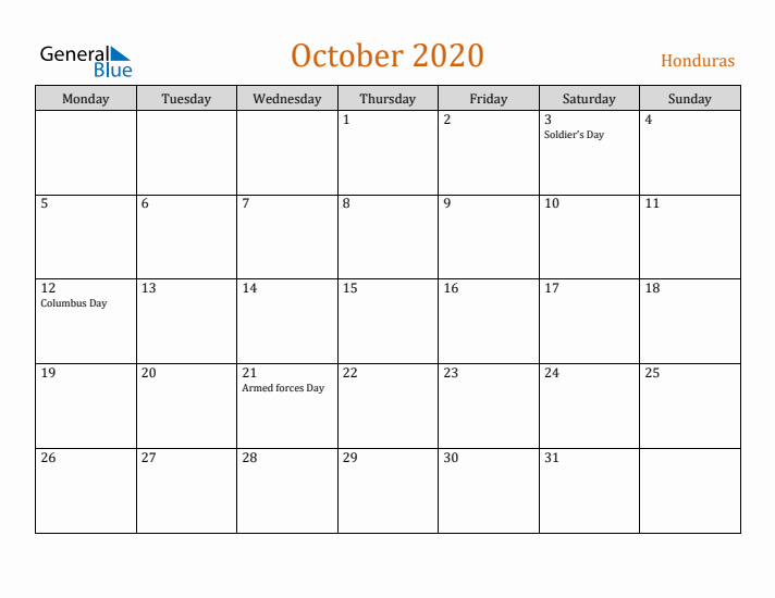 October 2020 Holiday Calendar with Monday Start