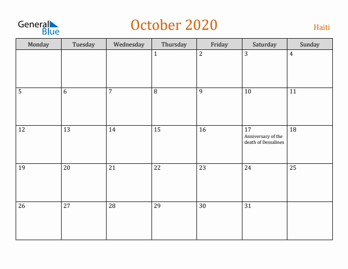 October 2020 Holiday Calendar with Monday Start