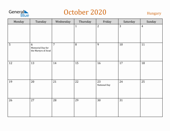 October 2020 Holiday Calendar with Monday Start