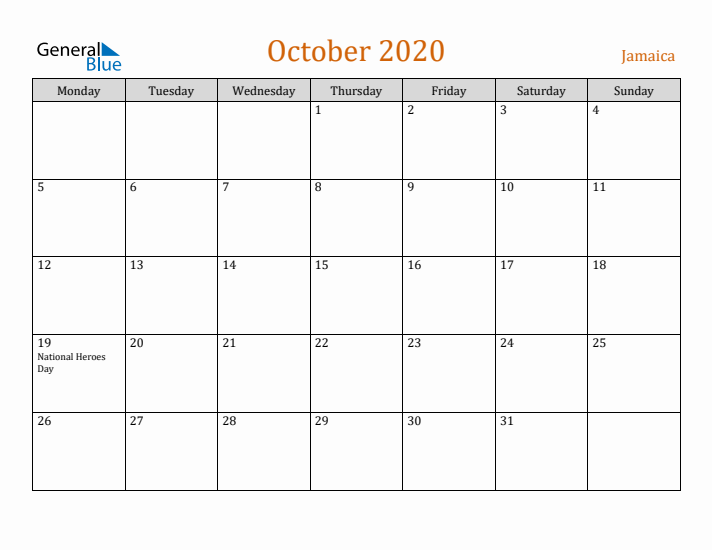 October 2020 Holiday Calendar with Monday Start