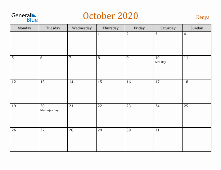 October 2020 Holiday Calendar with Monday Start