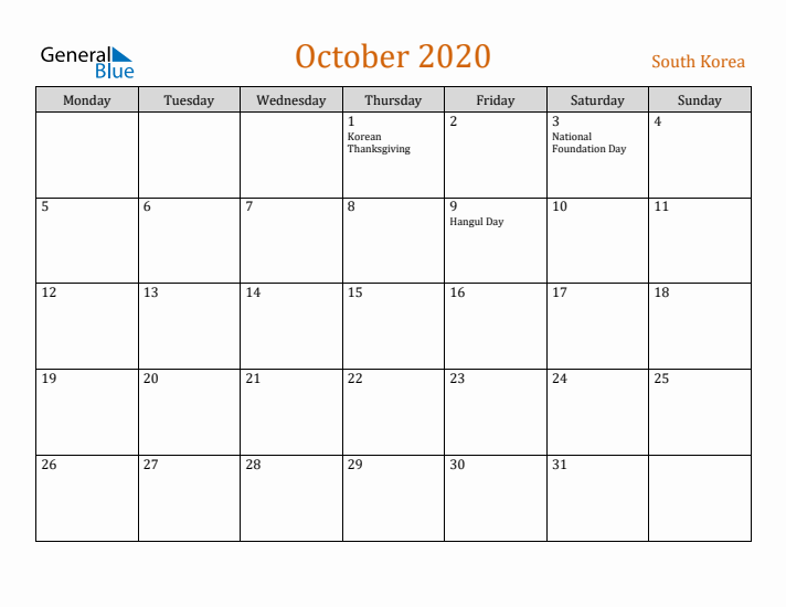 October 2020 Holiday Calendar with Monday Start