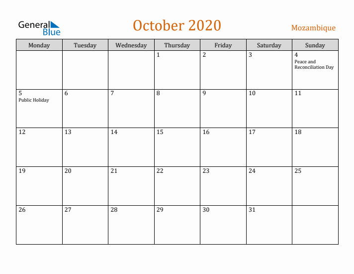 October 2020 Holiday Calendar with Monday Start