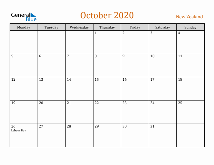 October 2020 Holiday Calendar with Monday Start