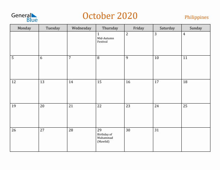 October 2020 Holiday Calendar with Monday Start