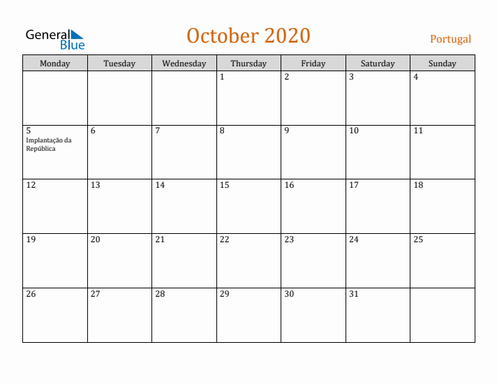 October 2020 Holiday Calendar with Monday Start