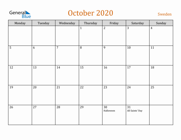 October 2020 Holiday Calendar with Monday Start