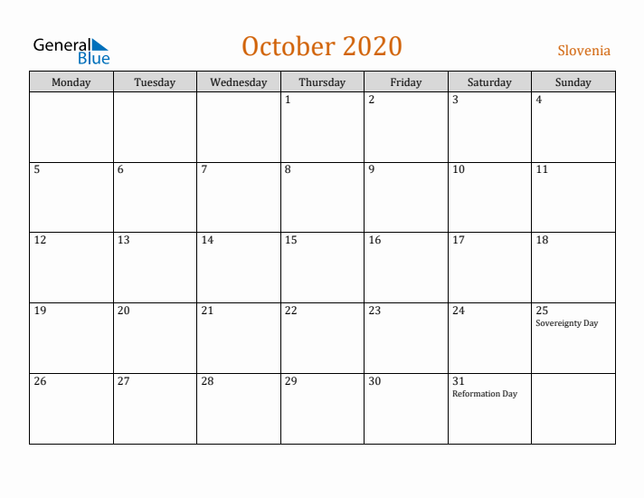 October 2020 Holiday Calendar with Monday Start