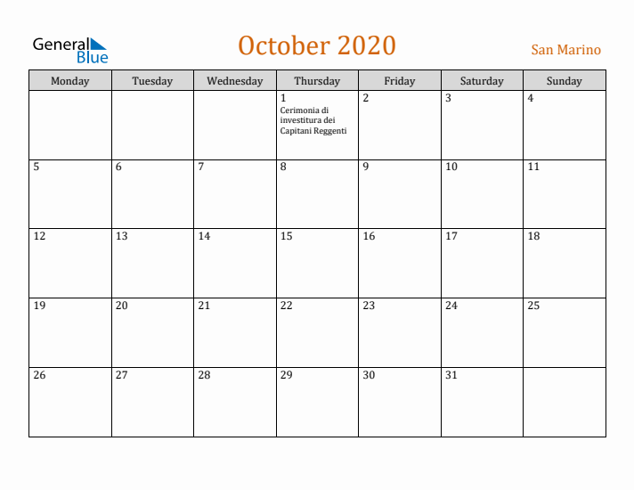 October 2020 Holiday Calendar with Monday Start