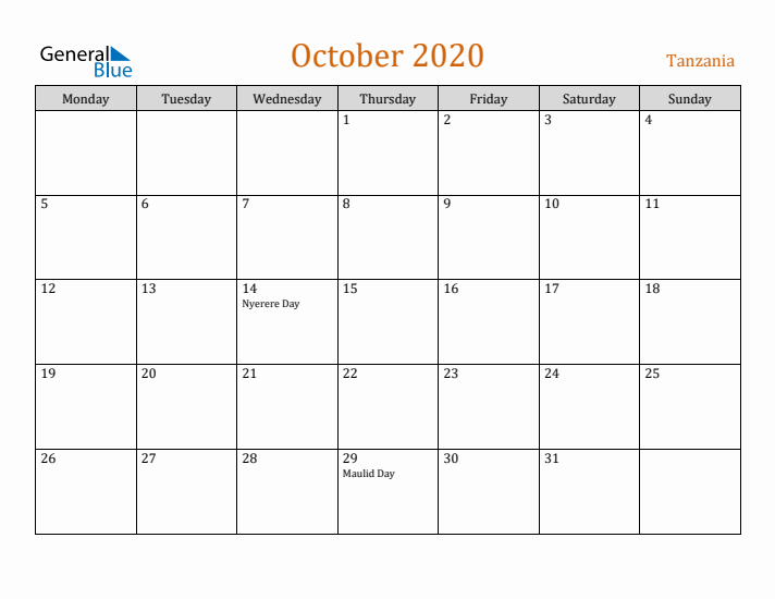 October 2020 Holiday Calendar with Monday Start