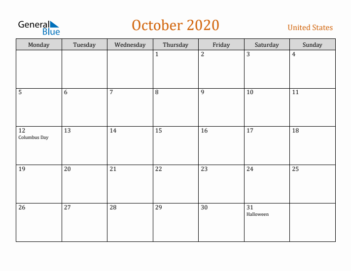 October 2020 Holiday Calendar with Monday Start