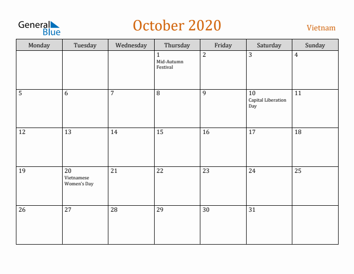 October 2020 Holiday Calendar with Monday Start