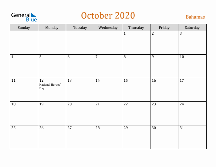 October 2020 Holiday Calendar with Sunday Start