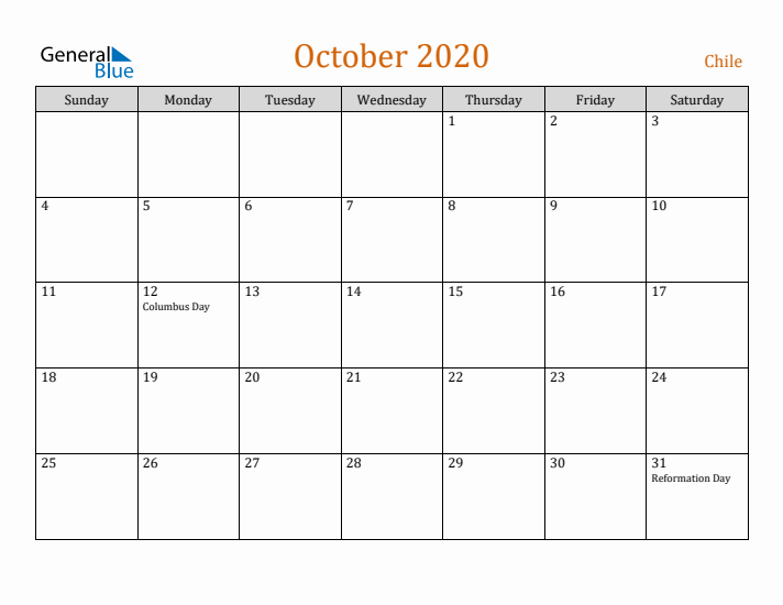 October 2020 Holiday Calendar with Sunday Start