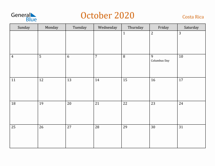 October 2020 Holiday Calendar with Sunday Start