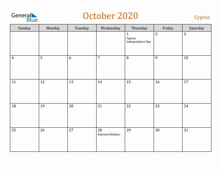 October 2020 Holiday Calendar with Sunday Start