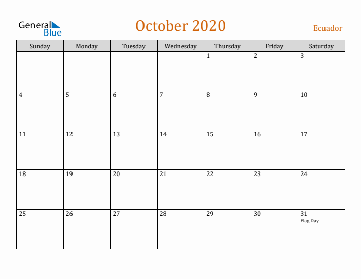 October 2020 Holiday Calendar with Sunday Start