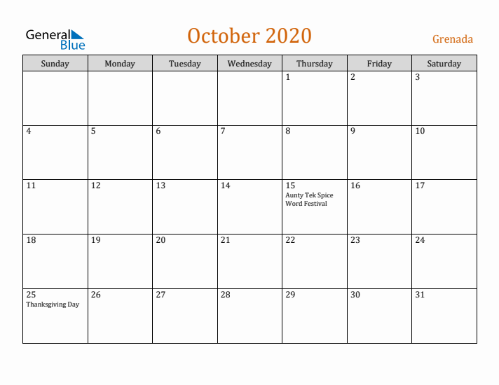 October 2020 Holiday Calendar with Sunday Start