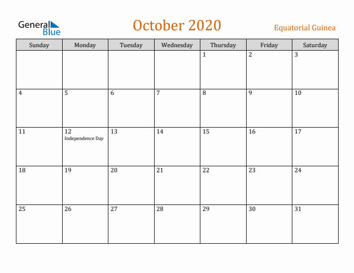 October 2020 Holiday Calendar with Sunday Start