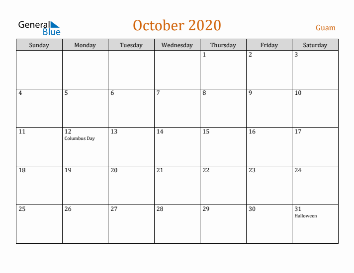 October 2020 Holiday Calendar with Sunday Start