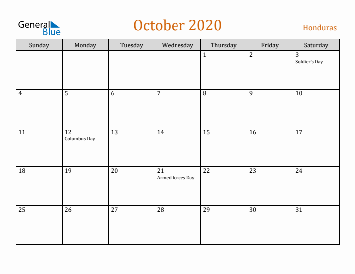 October 2020 Holiday Calendar with Sunday Start