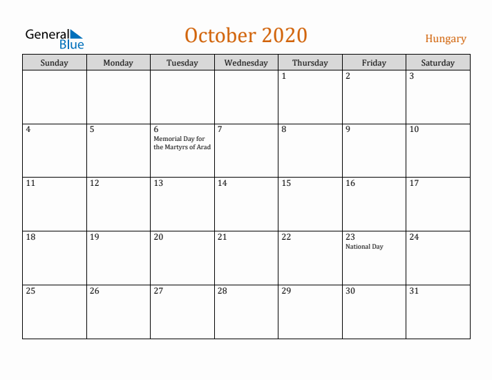 October 2020 Holiday Calendar with Sunday Start