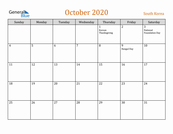 October 2020 Holiday Calendar with Sunday Start