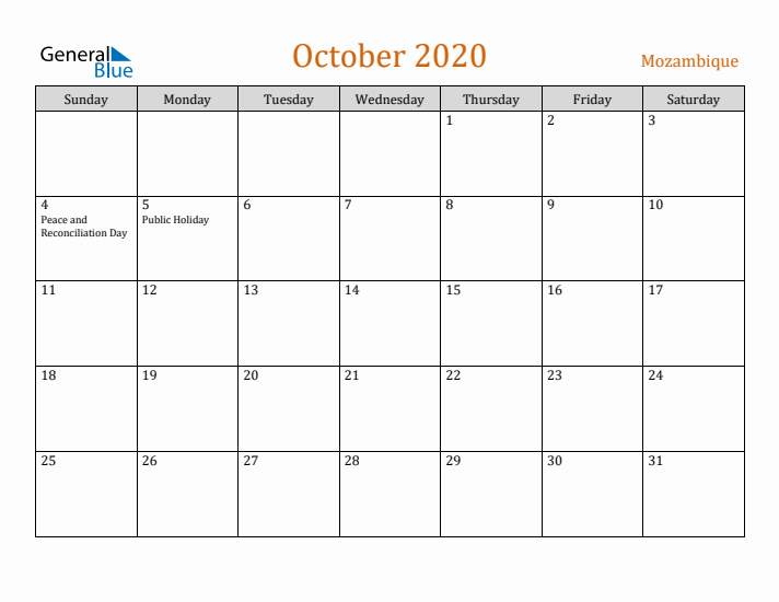 October 2020 Holiday Calendar with Sunday Start