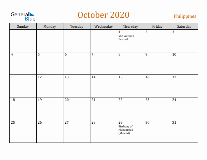 October 2020 Holiday Calendar with Sunday Start