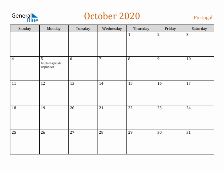 October 2020 Holiday Calendar with Sunday Start