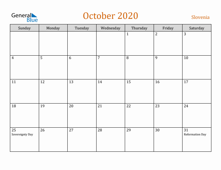 October 2020 Holiday Calendar with Sunday Start