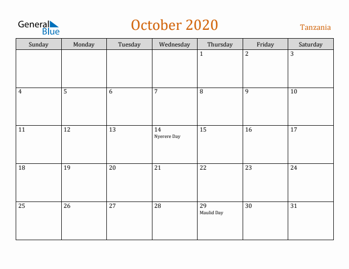 October 2020 Holiday Calendar with Sunday Start