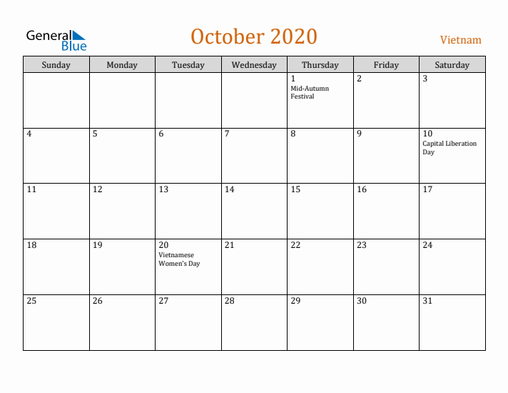 October 2020 Holiday Calendar with Sunday Start