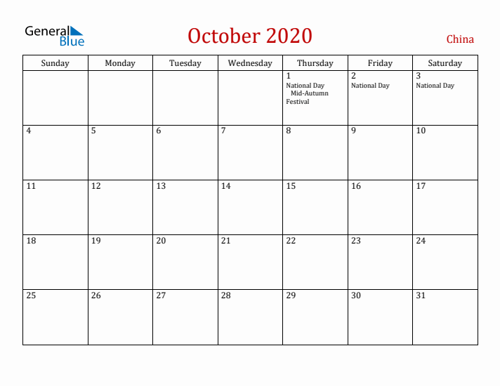 China October 2020 Calendar - Sunday Start