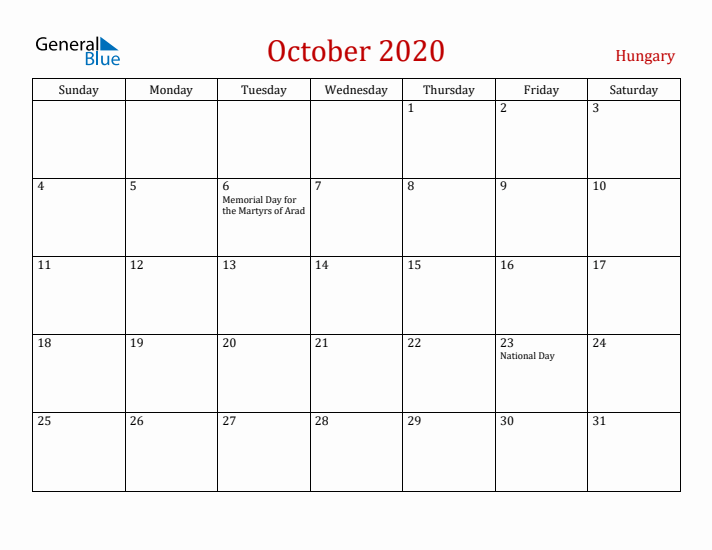 Hungary October 2020 Calendar - Sunday Start