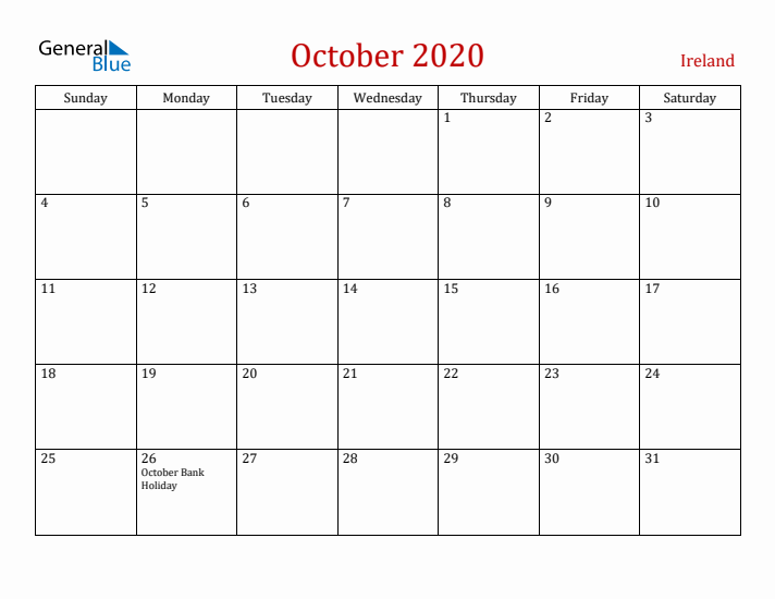 Ireland October 2020 Calendar - Sunday Start