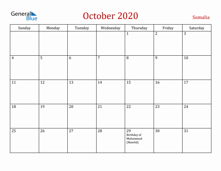 Somalia October 2020 Calendar - Sunday Start