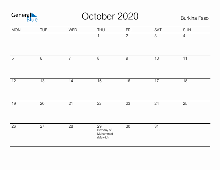 Printable October 2020 Calendar for Burkina Faso